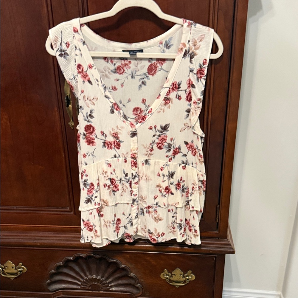 American Eagle Floral V Neck Blouse Medium Cream Burgundy Boho Top